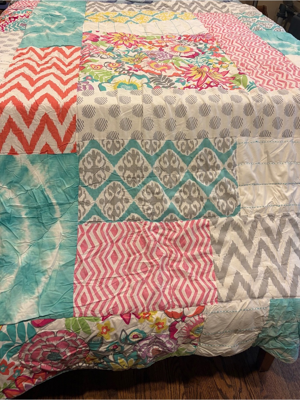 Pottery Barn Teen Multicolor Patchwork Quilt — Aqua, Pink, Coral, Gray